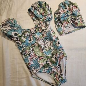 Janie And JACK SWIMSUIT WITH MATCHING SWIM CAP TURBIE SIZE 5